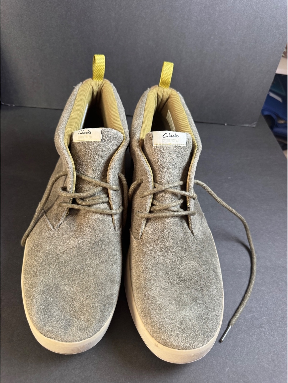 Clarks Men's Beige Suede Desert Boots with Yellow Pull Tab